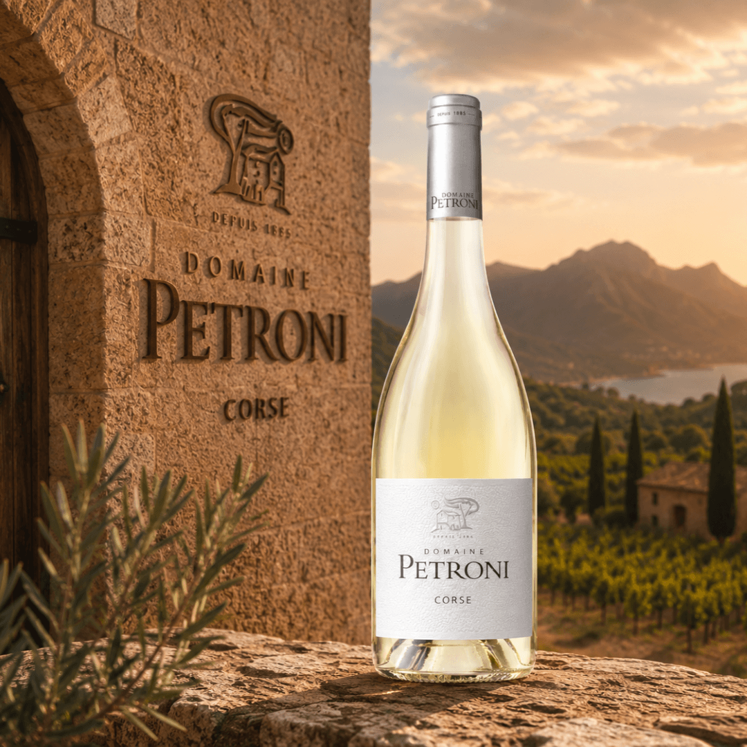 Domaine Petroni Weißwein aus Korsika vor mediterranem Weingut und Weinbergen bei goldenem Sonnenuntergang