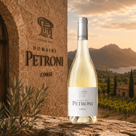 Domaine Petroni Weißwein aus Korsika vor mediterranem Weingut und Weinbergen bei goldenem Sonnenuntergang