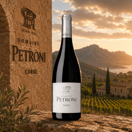 Domaine Petroni Rotwein aus Korsika auf Steinmauer mit Weinbergen und Küstenlandschaft im Abendlicht