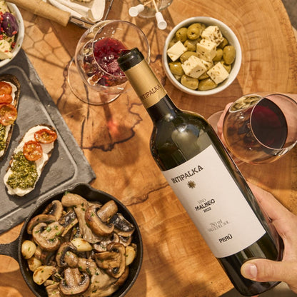 Intipalka Malbec mit Tapas und Rotweinglas – peruanischer Rotwein aus dem Ica-Tal