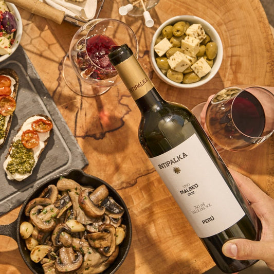 Intipalka Malbec mit Tapas und Rotweinglas – peruanischer Rotwein aus dem Ica-Tal