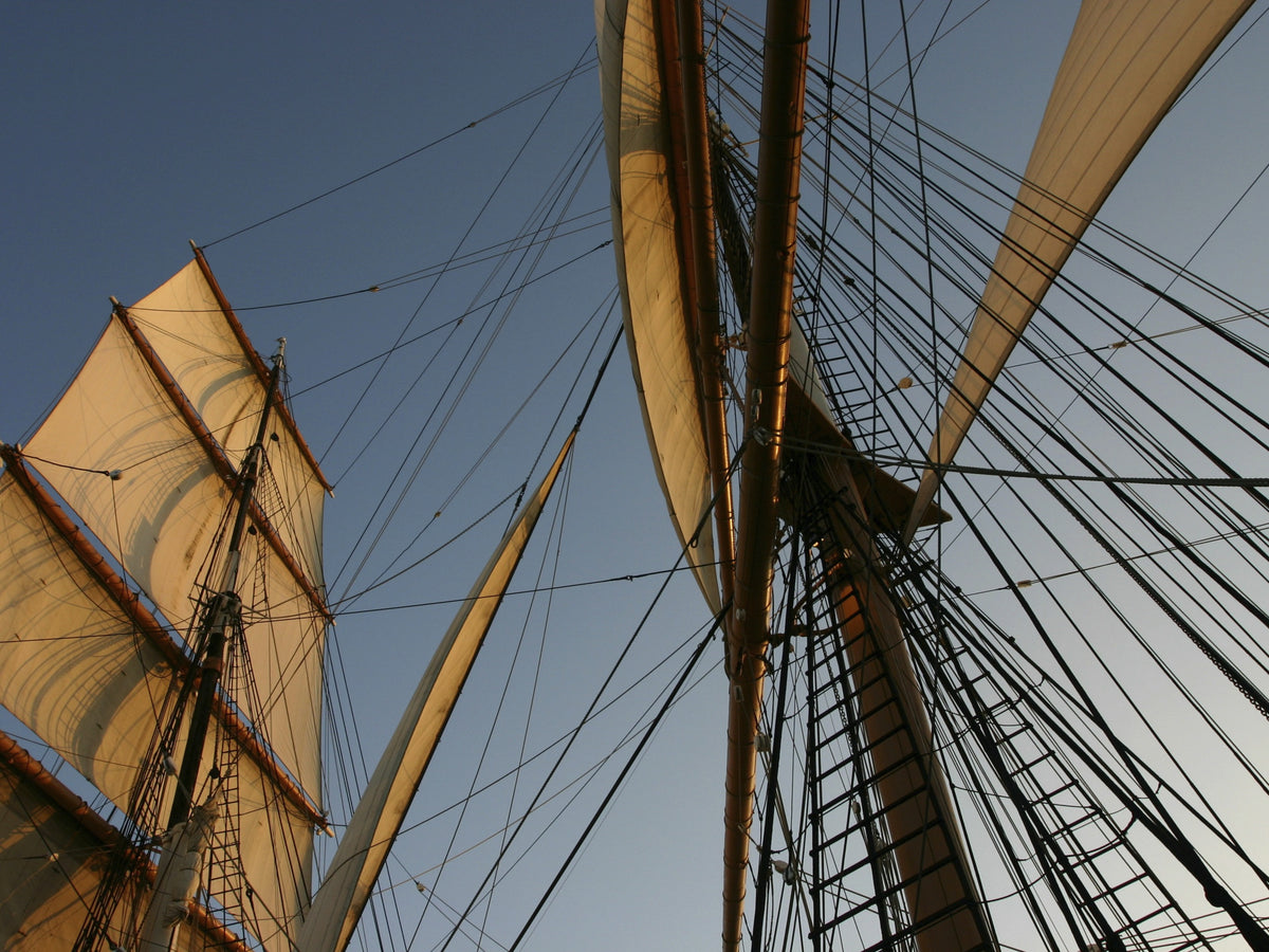 Segelschiff mit geblähten Segeln und Takelage im Abendlicht