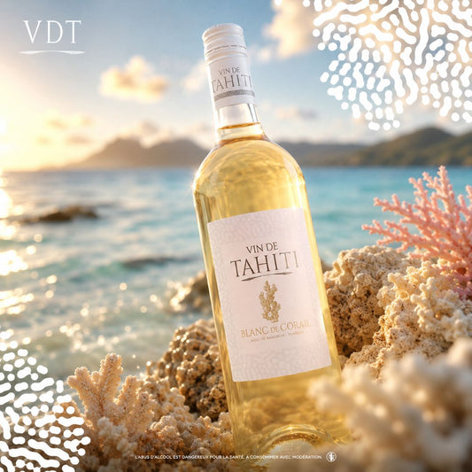 Weißwein Blanc de Corail aus Tahiti mit Korallen und Meer